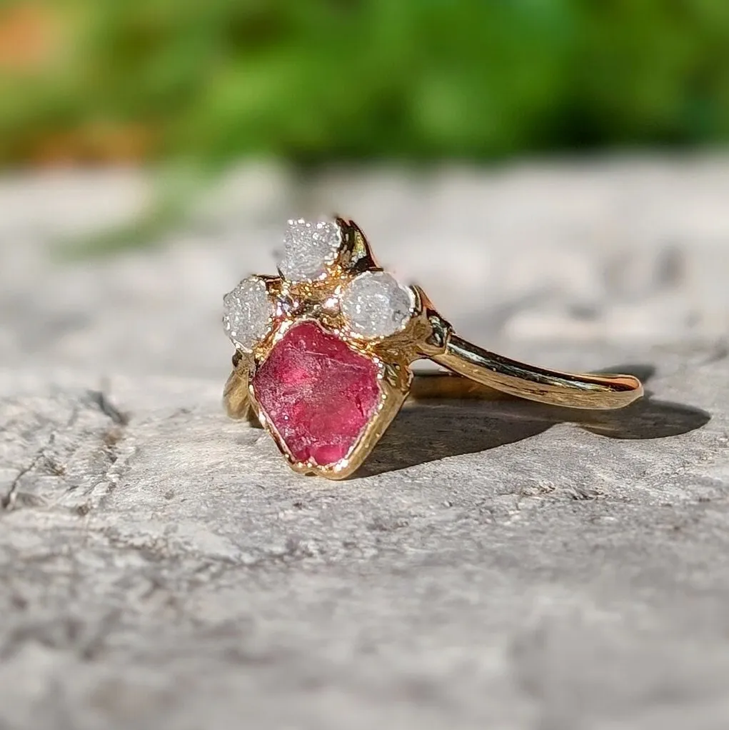 Raw Diamond and Pink Spinel Chevron Engagement Ring