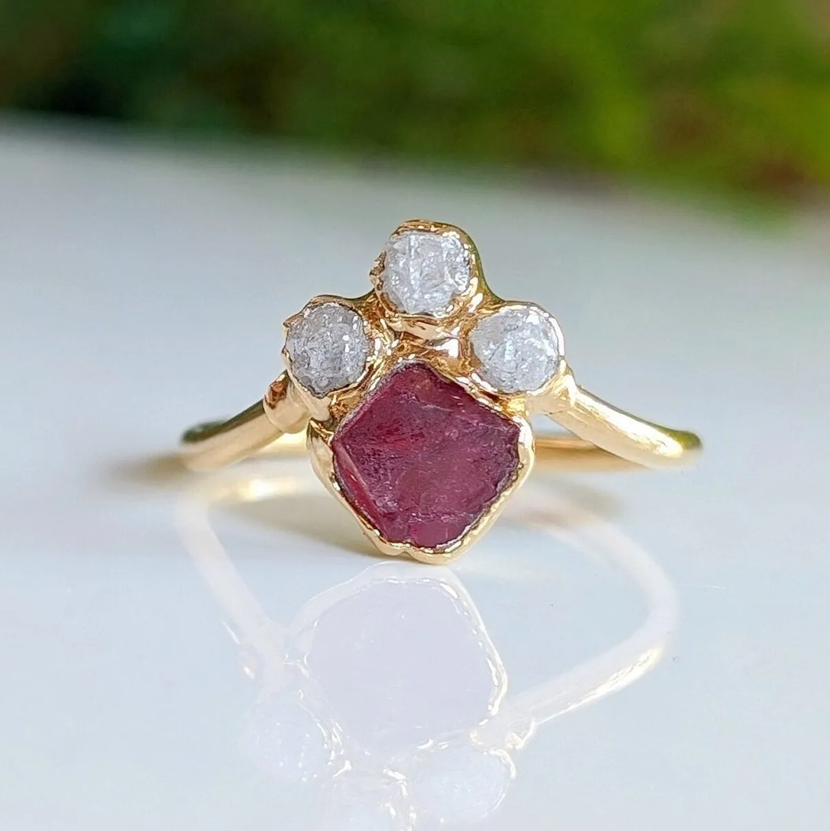 Raw Diamond and Pink Spinel Chevron Engagement Ring