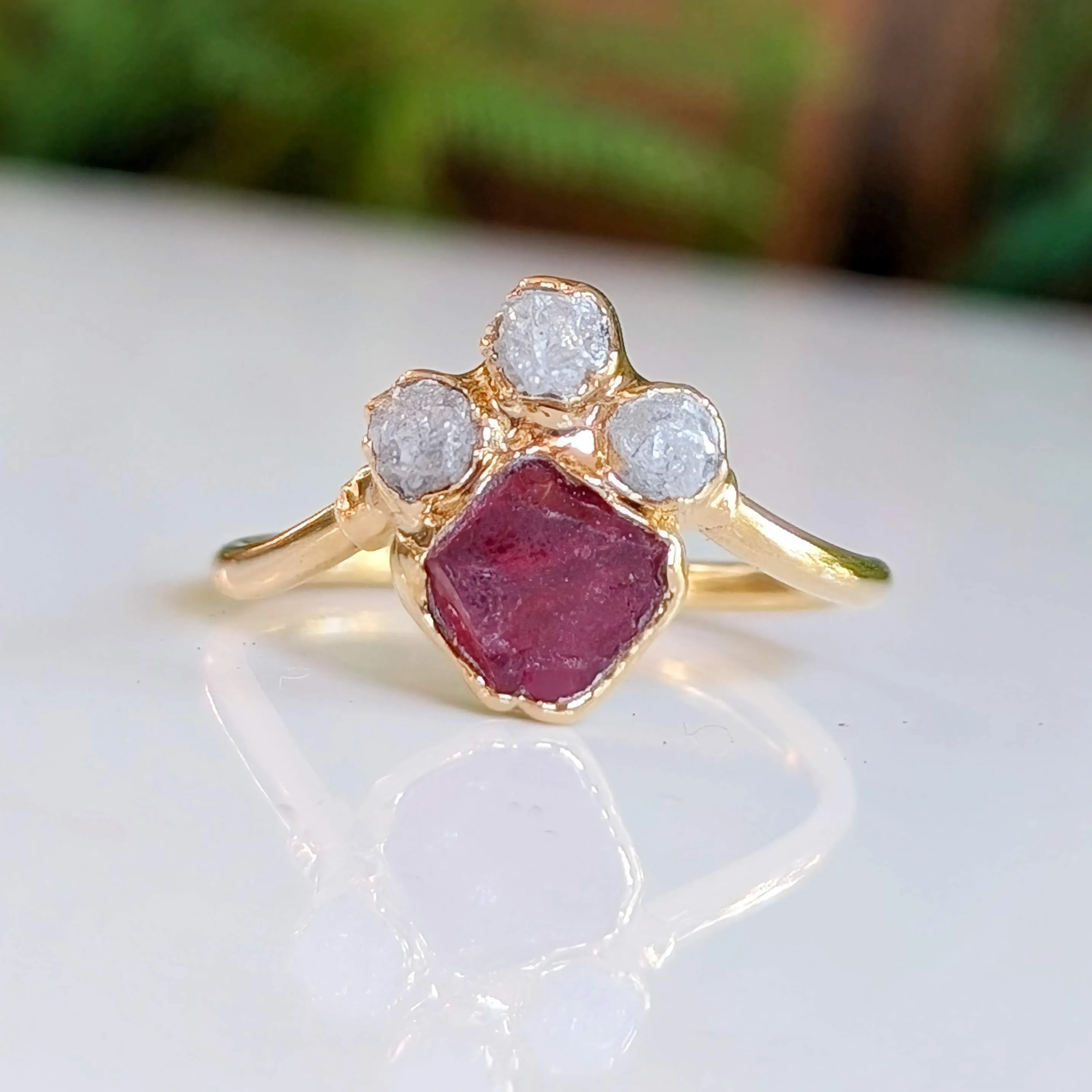 Raw Diamond and Pink Spinel Chevron Engagement Ring