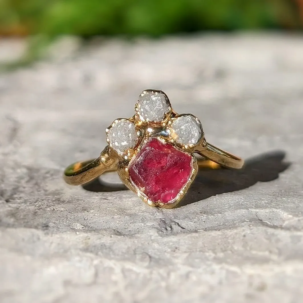 Raw Diamond and Pink Spinel Chevron Engagement Ring