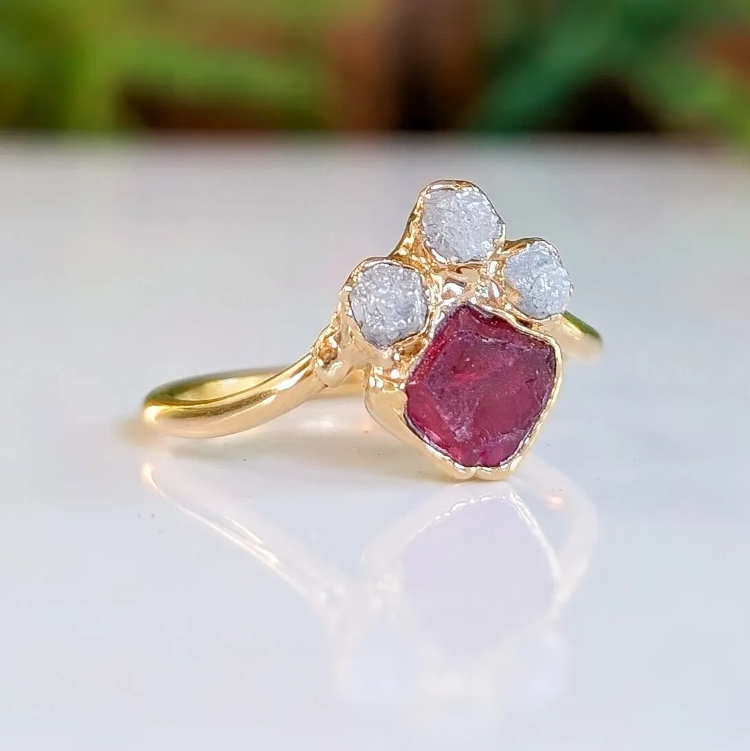 Raw Diamond and Pink Spinel Chevron Engagement Ring