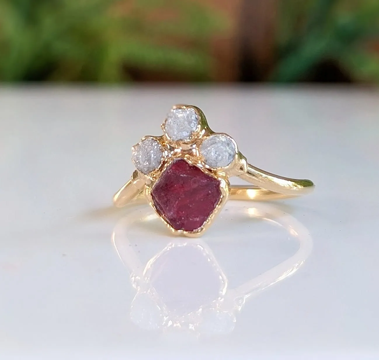 Raw Diamond and Pink Spinel Chevron Engagement Ring