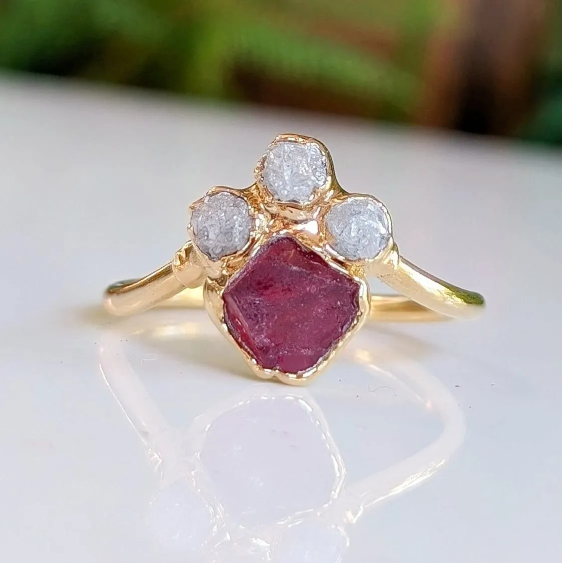 Raw Diamond and Pink Spinel Chevron Engagement Ring