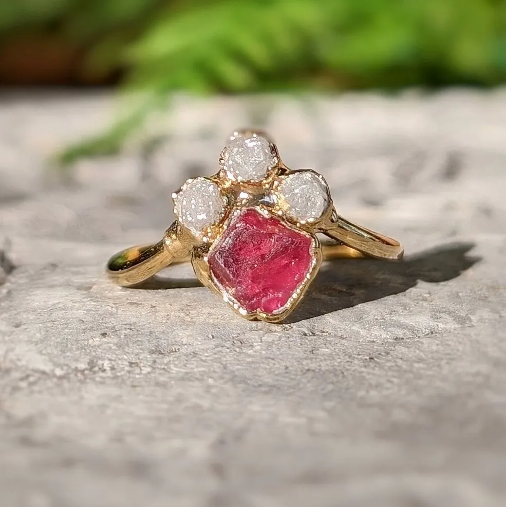 Raw Diamond and Pink Spinel Chevron Engagement Ring