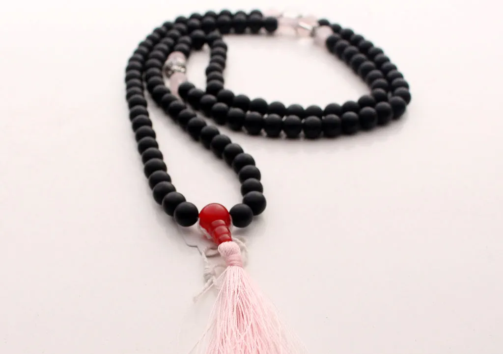 Rose Quartz Spacer 108 Black Beads Prayer Mala