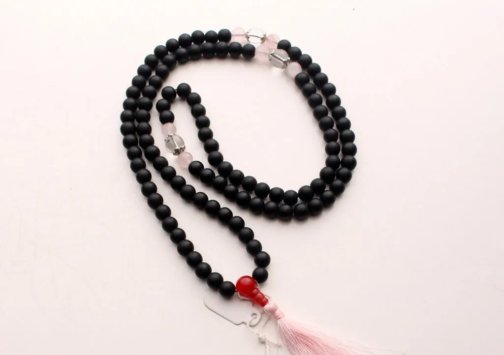 Rose Quartz Spacer 108 Black Beads Prayer Mala