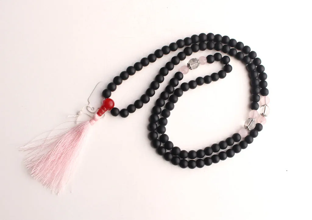 Rose Quartz Spacer 108 Black Beads Prayer Mala