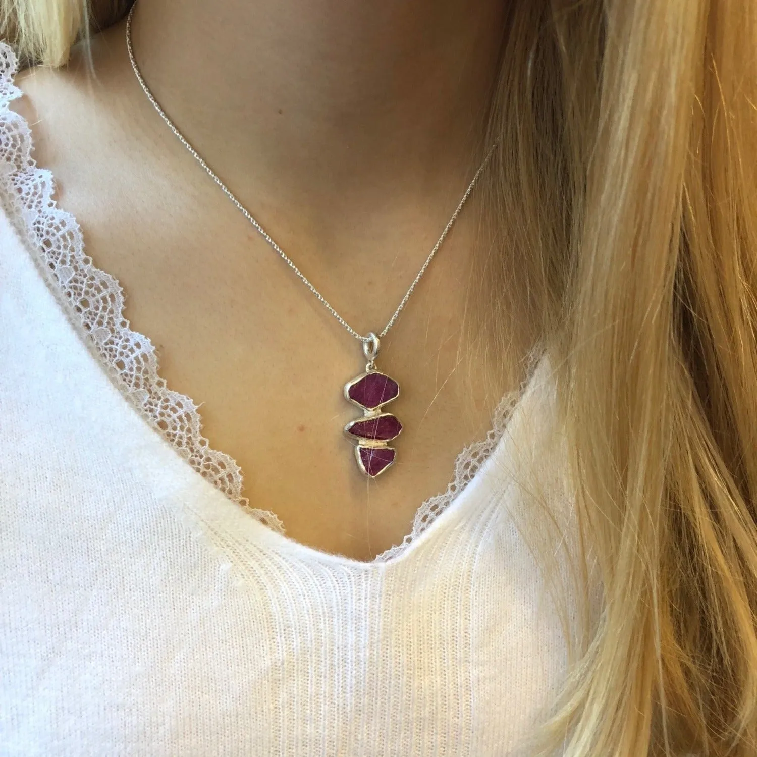 Rough Stone Ruby Necklace in Sterling Silver