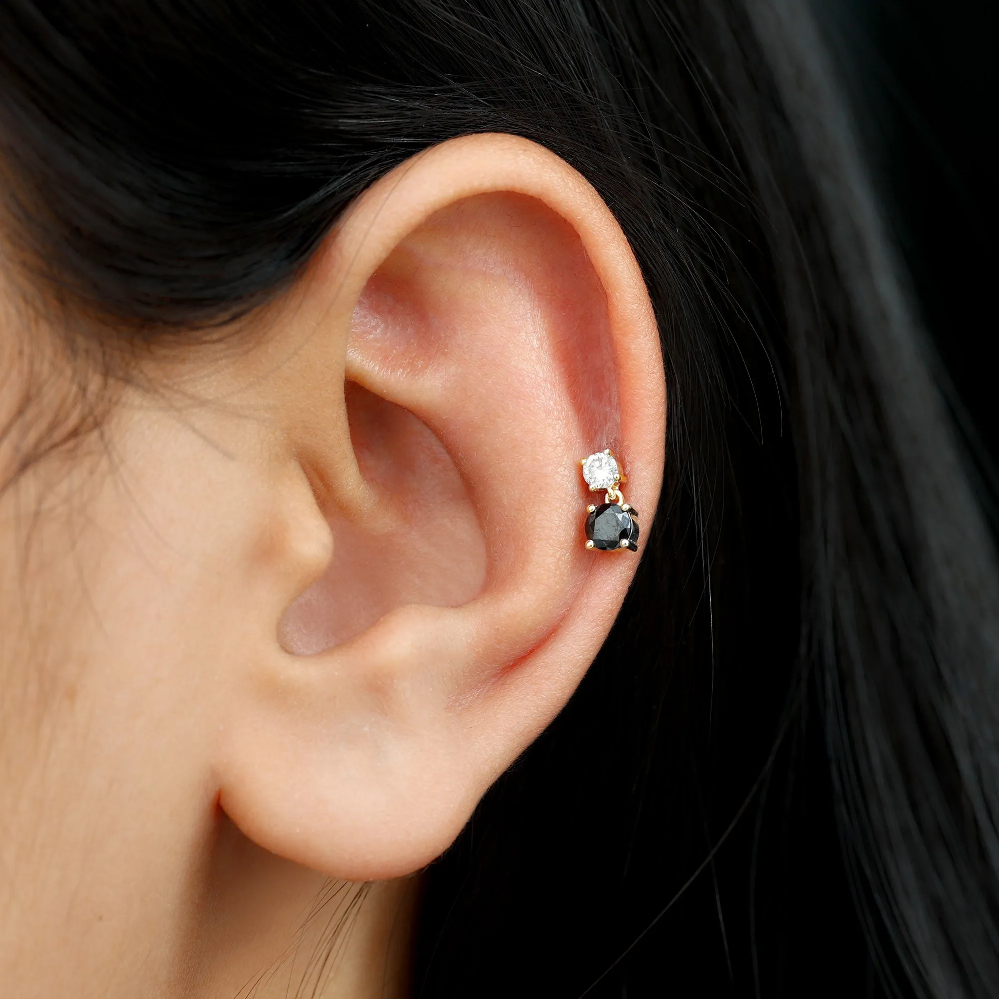 Round Black Onyx and Moissanite Helix Drop Earring