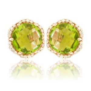 Round Checkerboard Peridot and Diamond Stud Halo Earrings