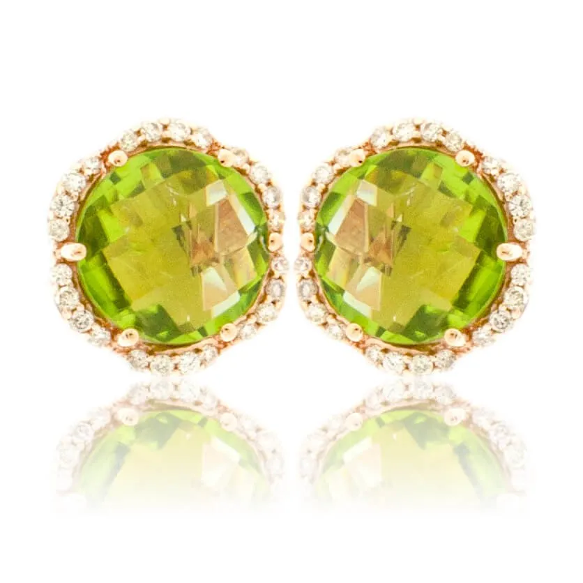 Round Checkerboard Peridot and Diamond Stud Halo Earrings