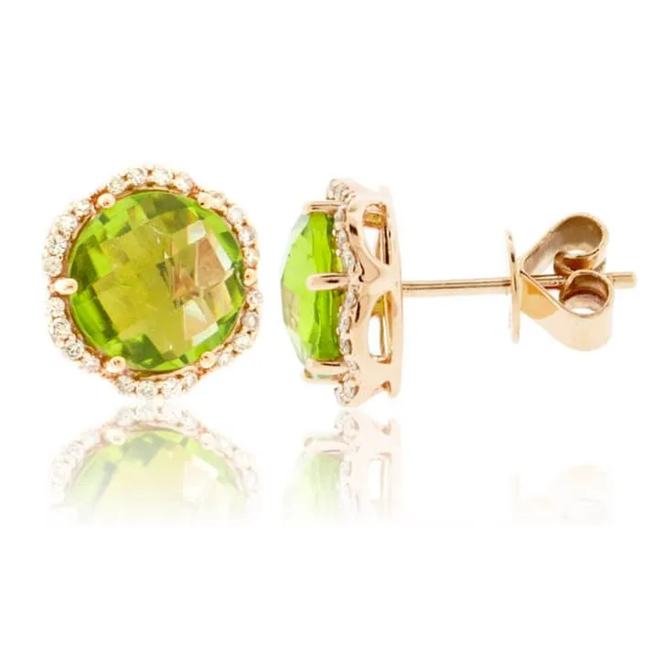 Round Checkerboard Peridot and Diamond Stud Halo Earrings