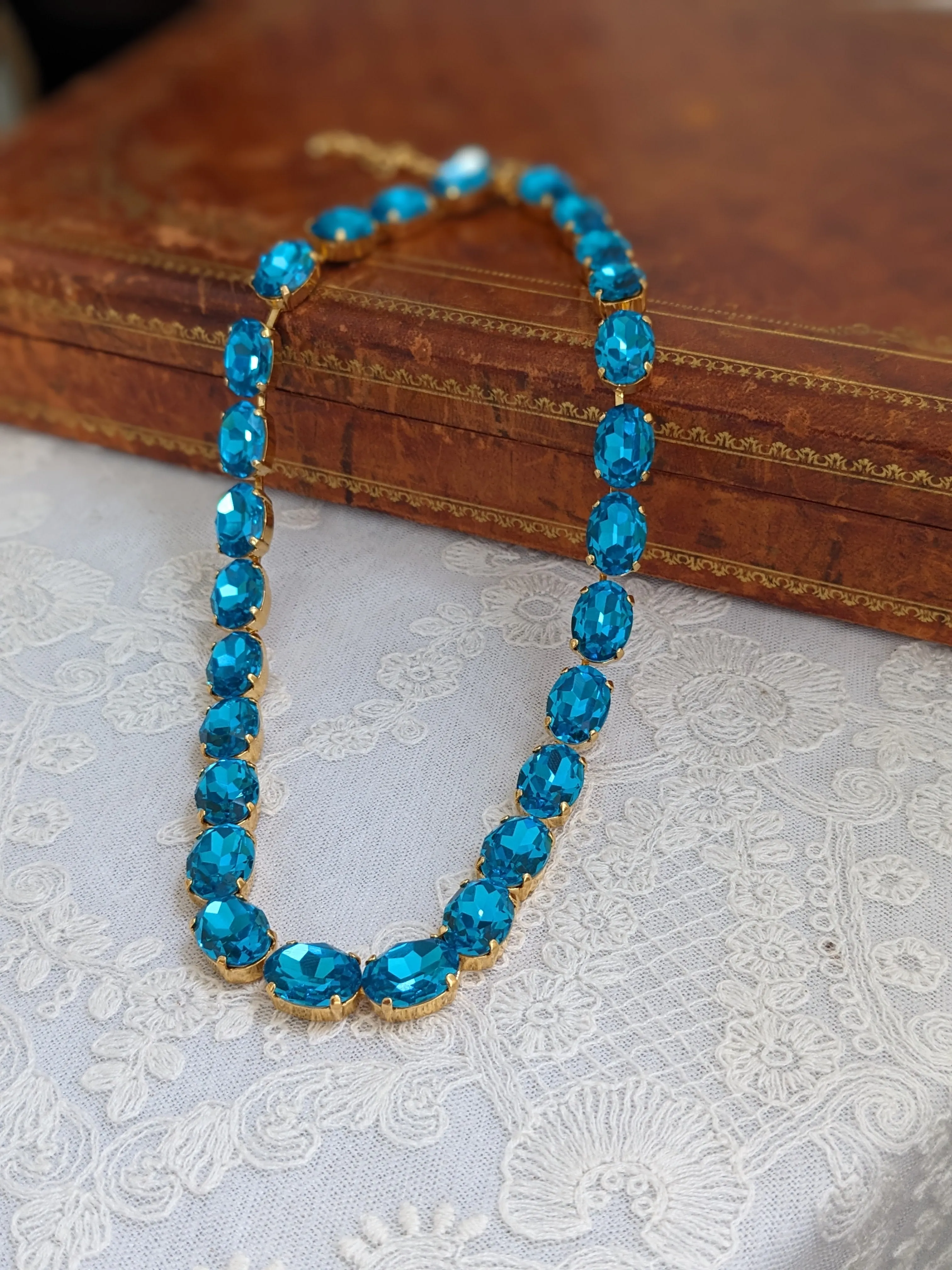 SALE! Dark Aquamarine Aurora Crystal Collet Necklace - Medium Oval