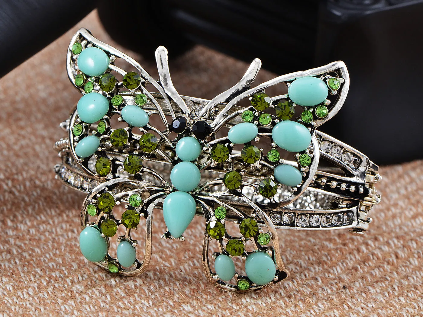 Sea Foam Blue Bead Peridot Butterfly Bangle Cuff