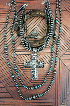 Silverthorne Turquoise Cross Double Necklace and Earring Set