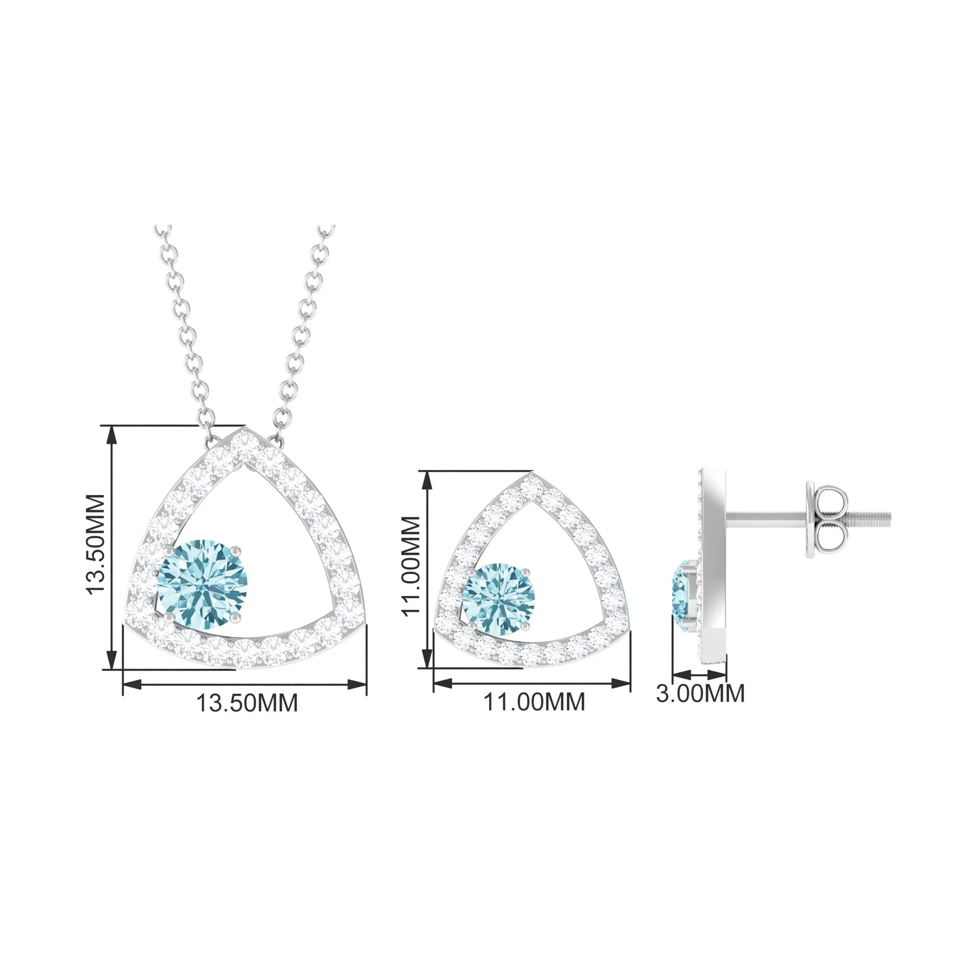 Simple Aquamarine and Moissanite Triangle Jewelry Set