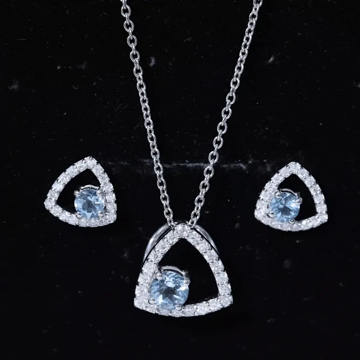 Simple Aquamarine and Moissanite Triangle Jewelry Set