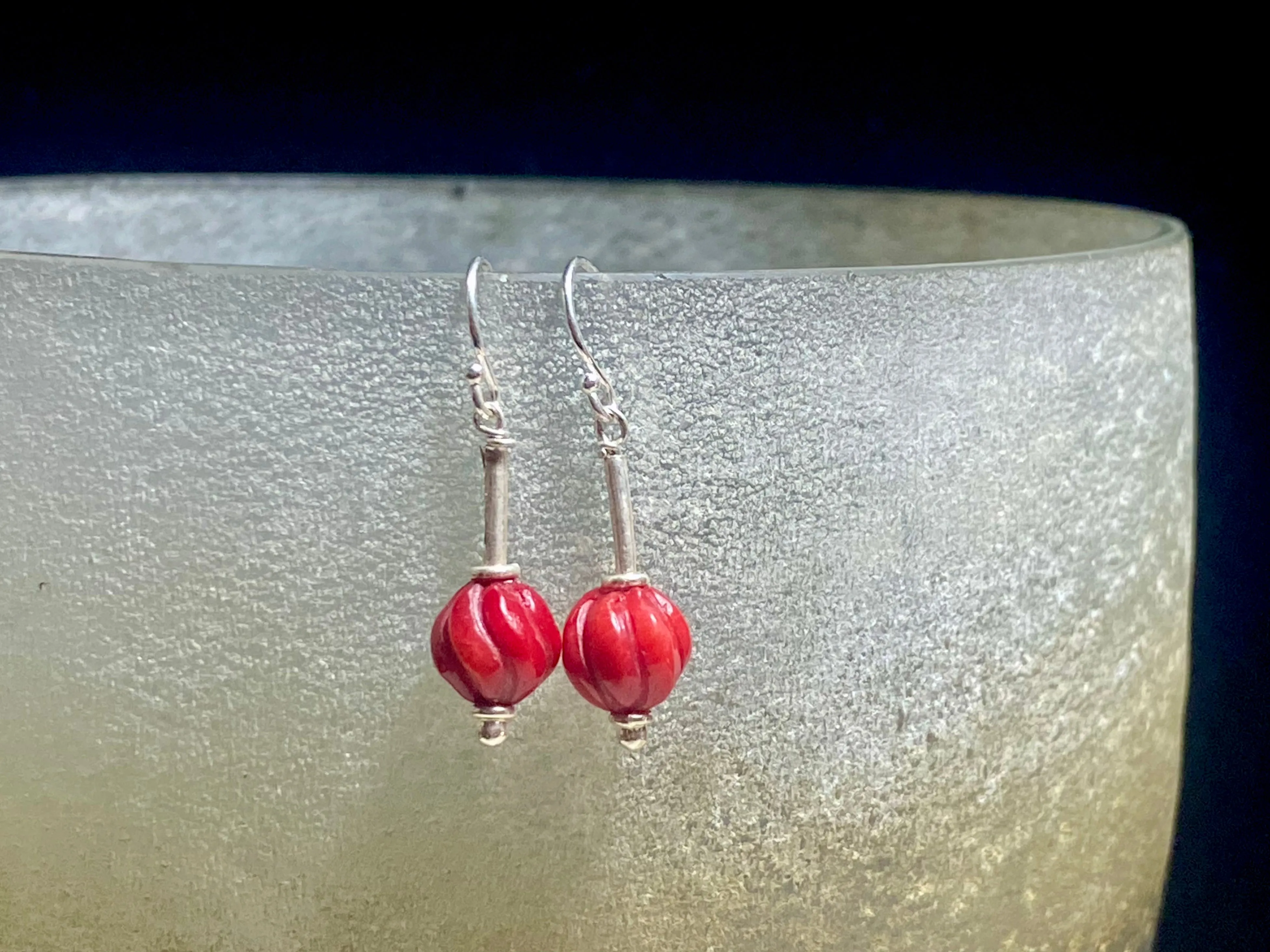 Simple Coral And Silver Drop Earrings