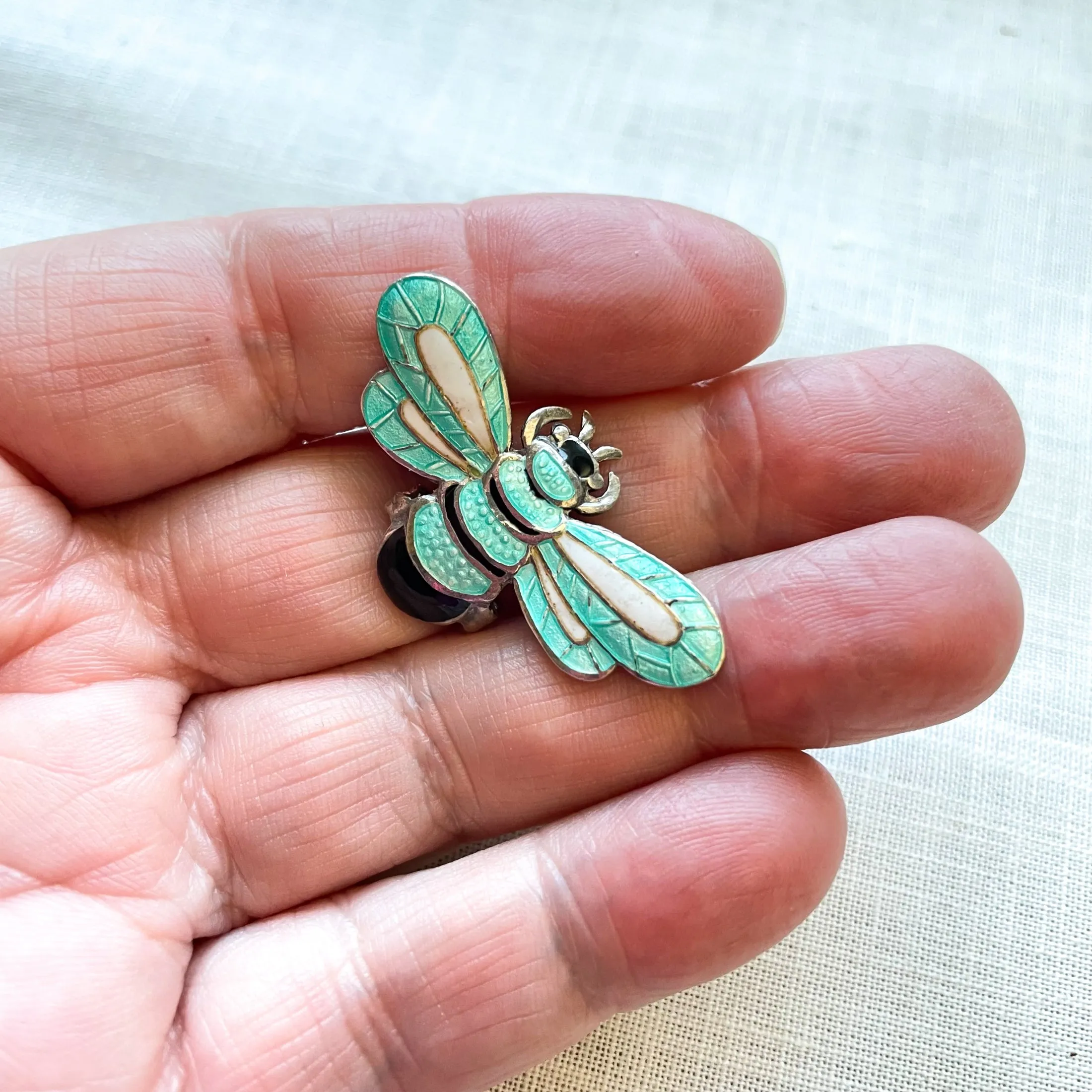 SOLD Margot De Taxco Aqua Enamel Sterling Silver Bee Brooch, #5661