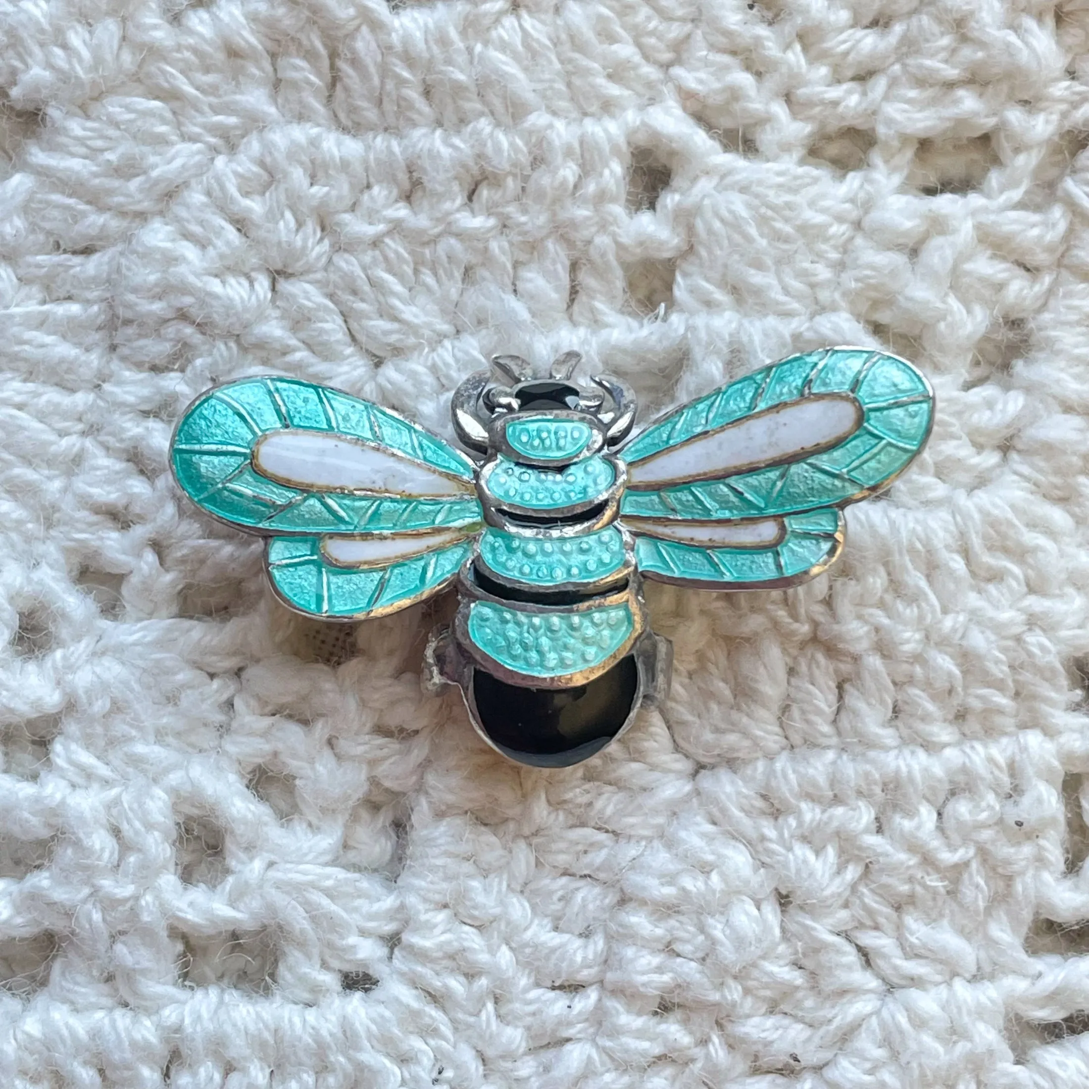 SOLD Margot De Taxco Aqua Enamel Sterling Silver Bee Brooch, #5661