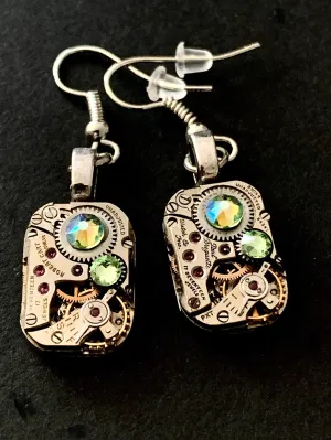 Steampunk earrings  Peridot shimmer Borealis Swarovski Crystals- Steampunk Earrings Vintage handmade watch parts jewelry