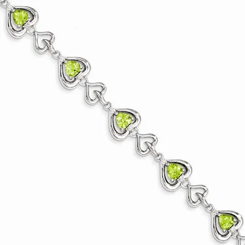 Sterling Silver Diamond & Heart Link Peridot Bracelet