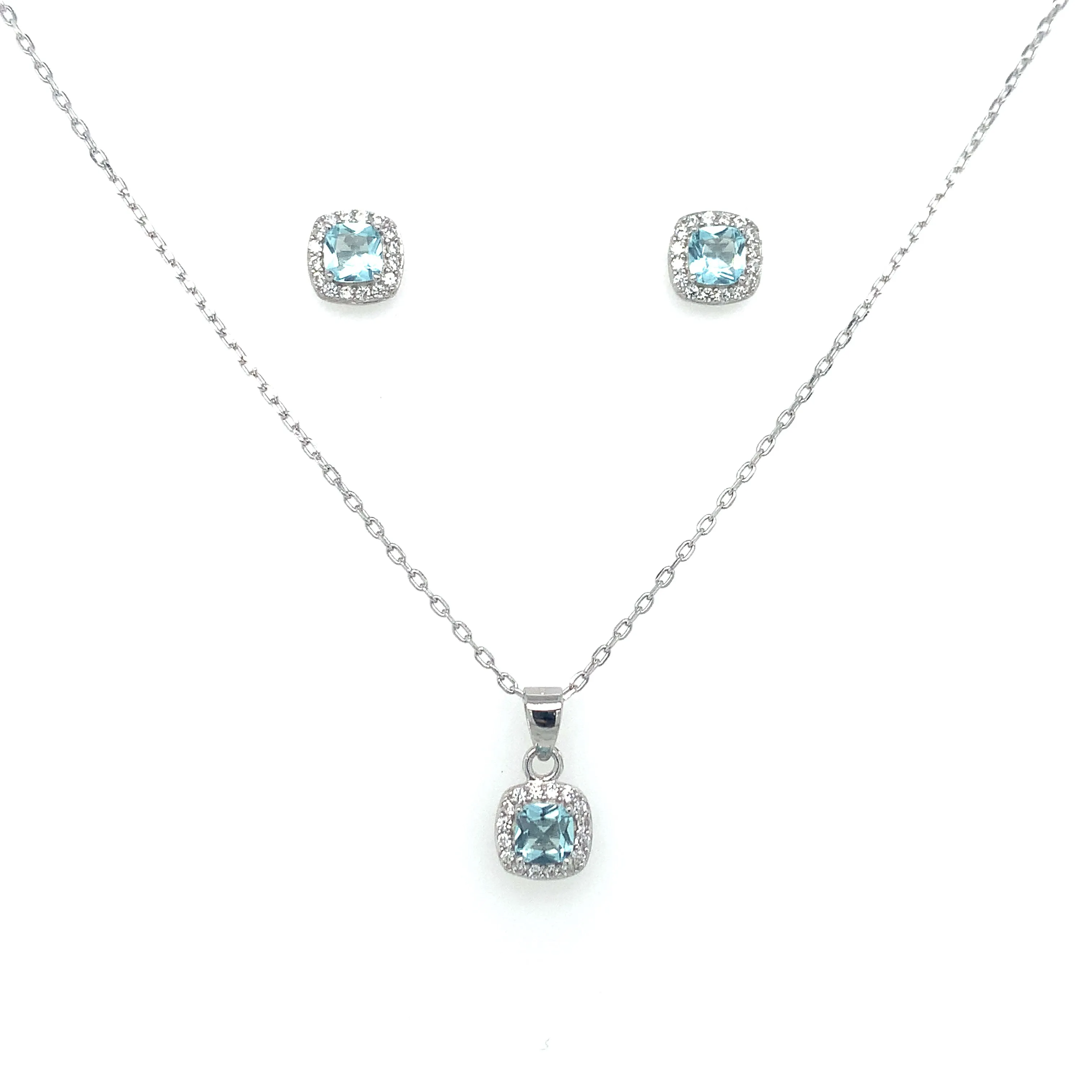 Sterling Silver Princess Cut Aquamarine CZ Halo Set