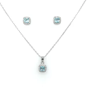 Sterling Silver Princess Cut Aquamarine CZ Halo Set