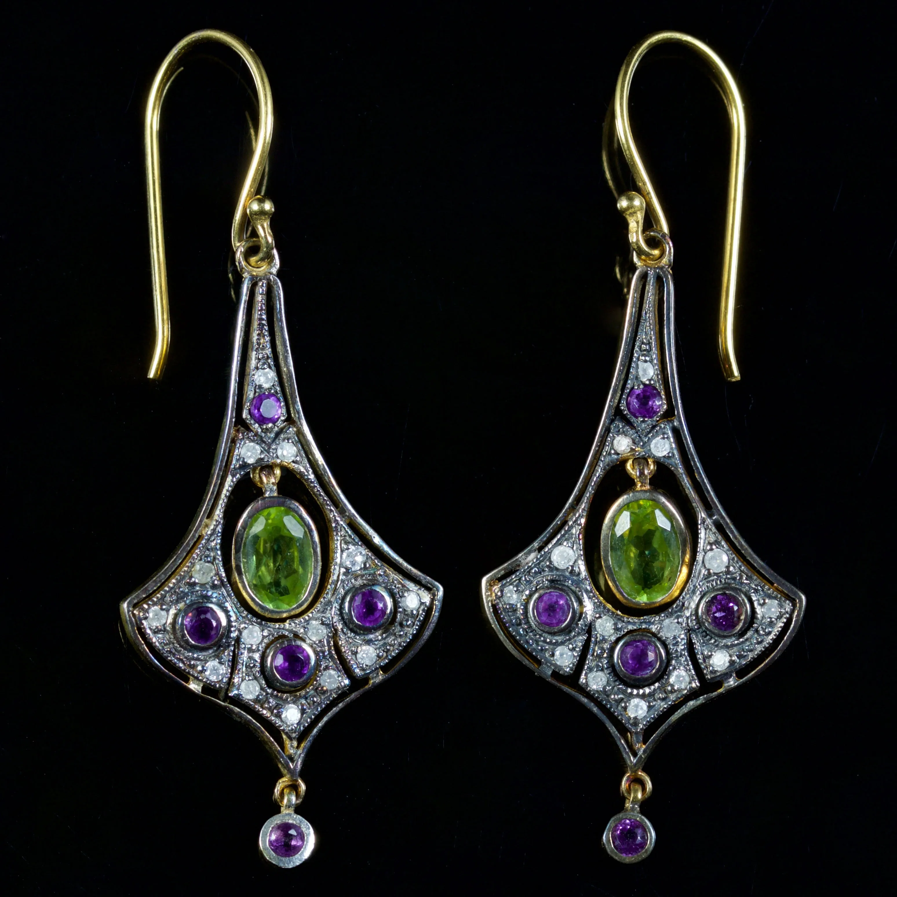 Suffragette Earrings Amethyst Peridot Diamond 9Ct Silver