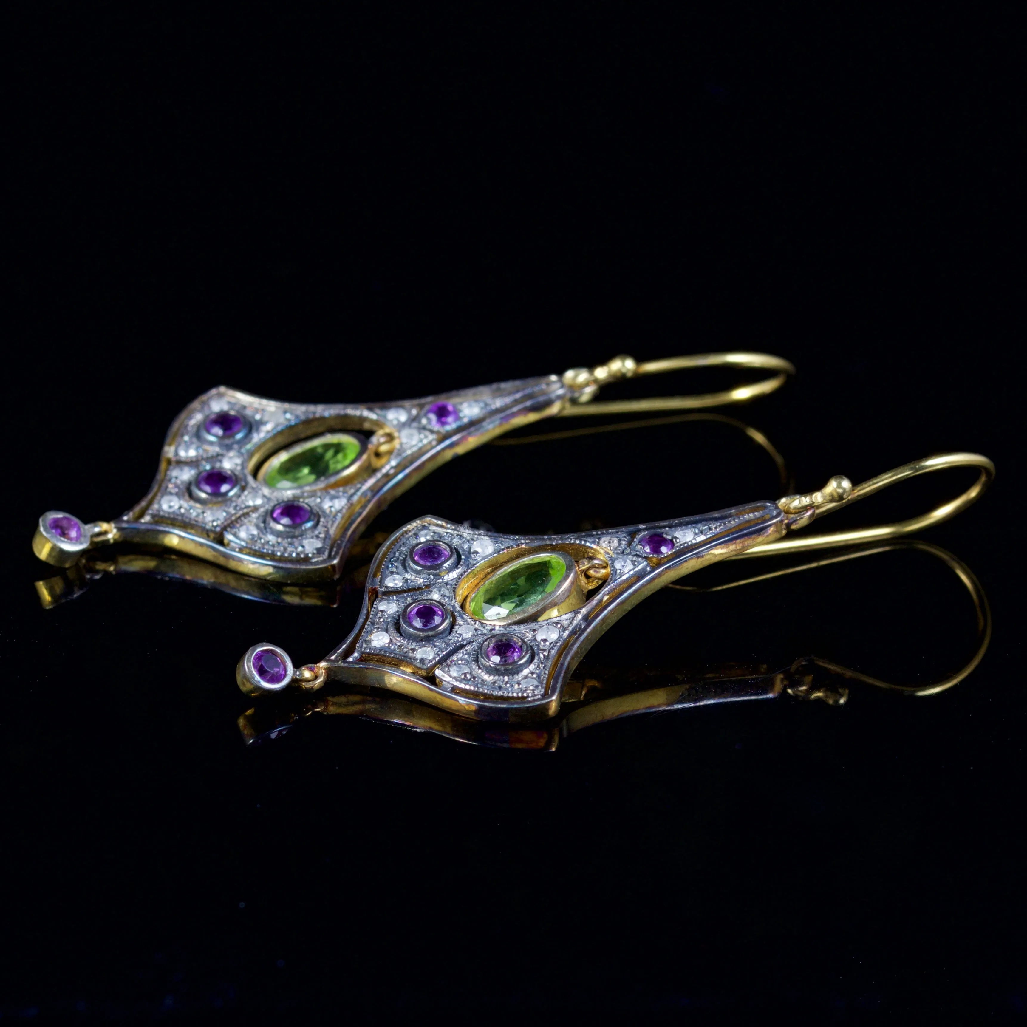 Suffragette Earrings Amethyst Peridot Diamond 9Ct Silver