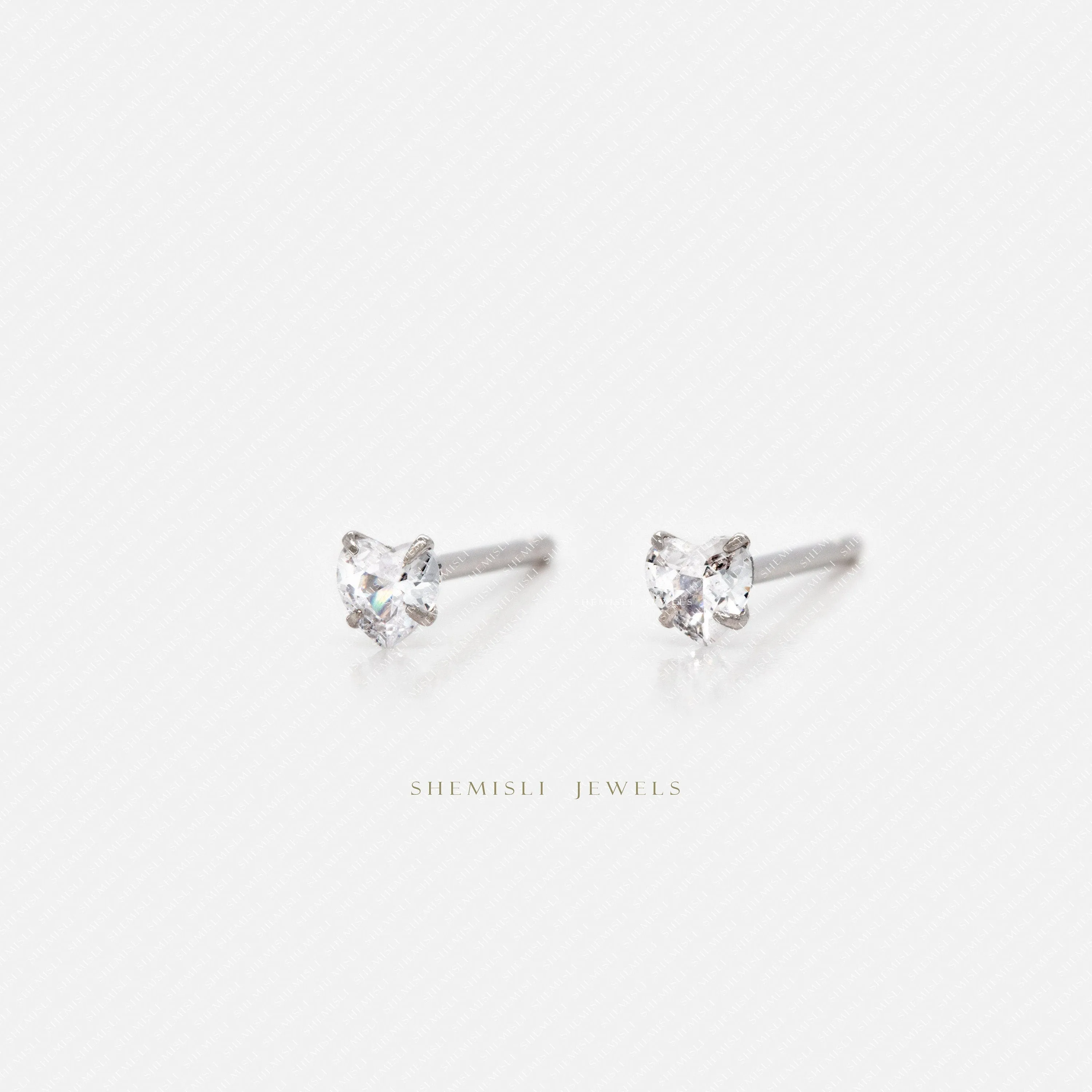 Tiny Heart Shape Stone Earrings, Super Dainty Diamond Stud, Unisex, Sterling Silver SHEMISLI SS364