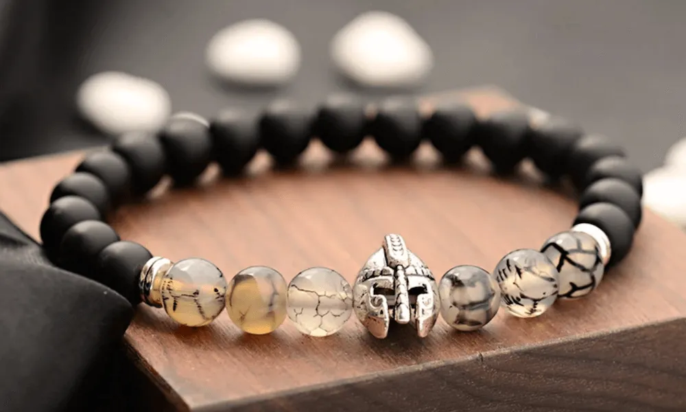 Tourmalinated Quartz and Black Onyx Matte Stone Warrior Bracelet