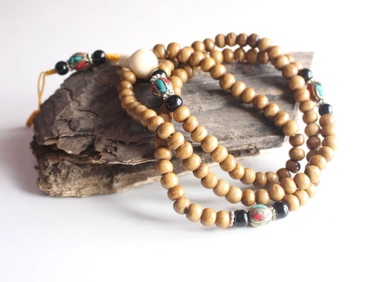 Traditional Bone Prayer Malas with Conch Guru Beads