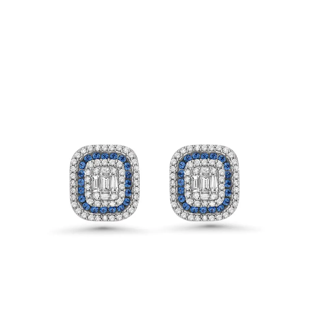 Triple Halo Diamonds & Blue Sapphire Rectangular Shape Studs Earrings (1.00 ct.) in 14K Gold