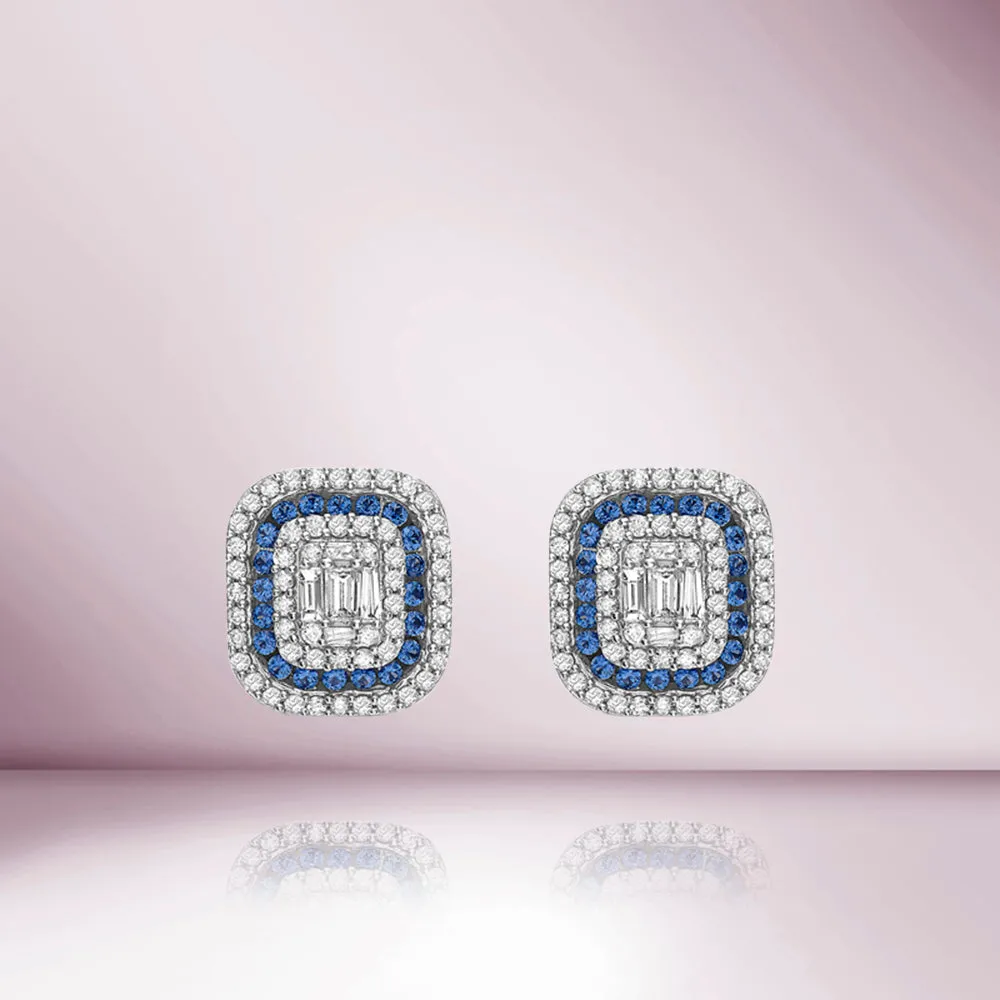 Triple Halo Diamonds & Blue Sapphire Rectangular Shape Studs Earrings (1.00 ct.) in 14K Gold