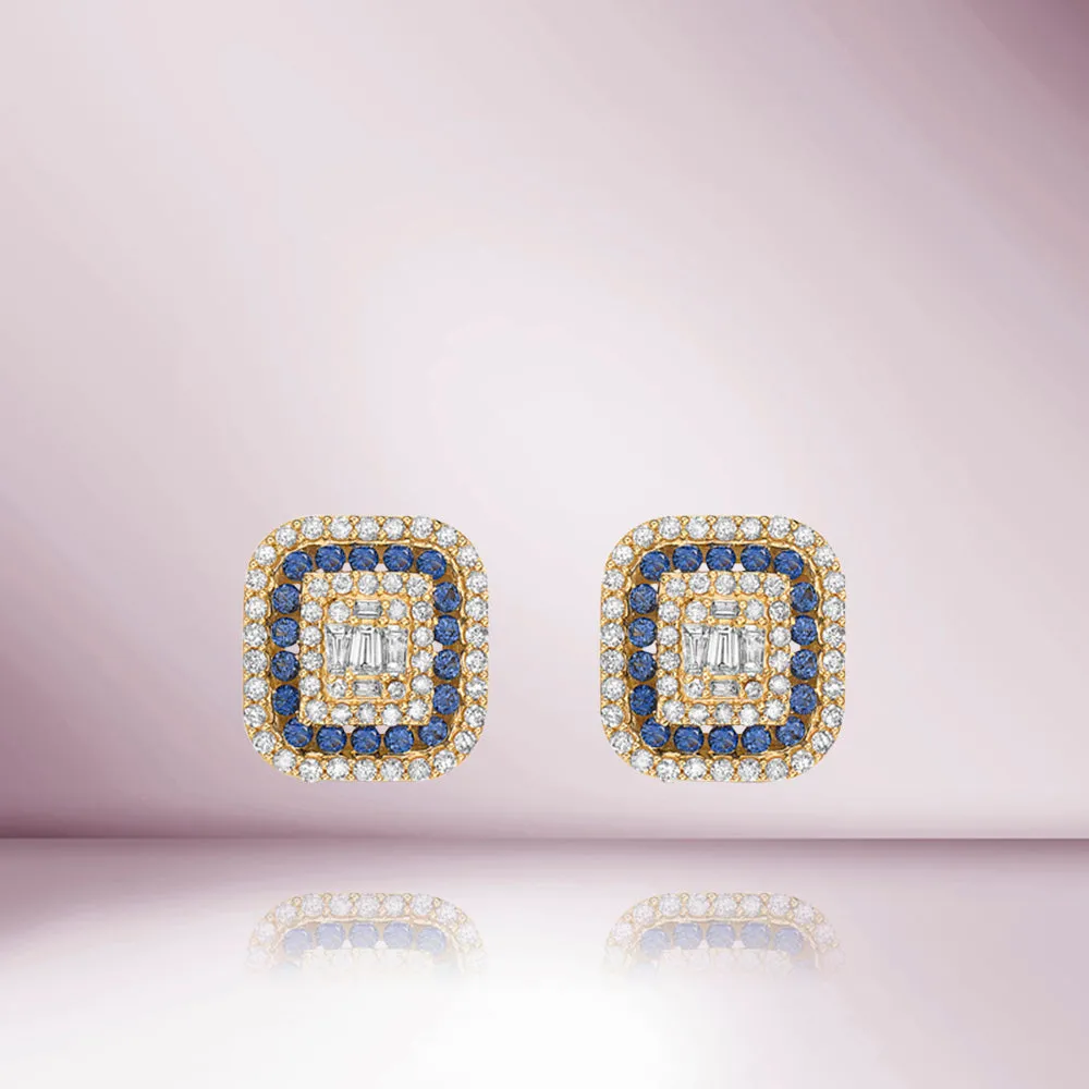 Triple Halo Diamonds & Blue Sapphire Rectangular Shape Studs Earrings (1.00 ct.) in 14K Gold