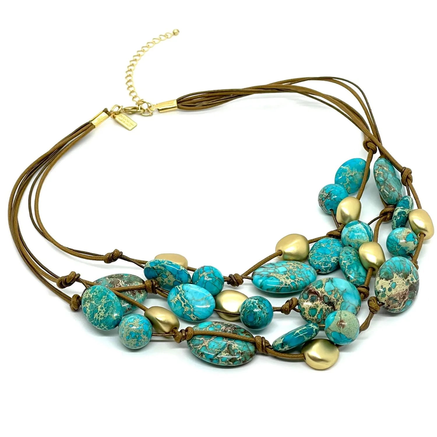 Turquoise Aqua Terra Jasper, Matte Gold Bead with Bronze Waxed Linen and Leather Toursade Necklace