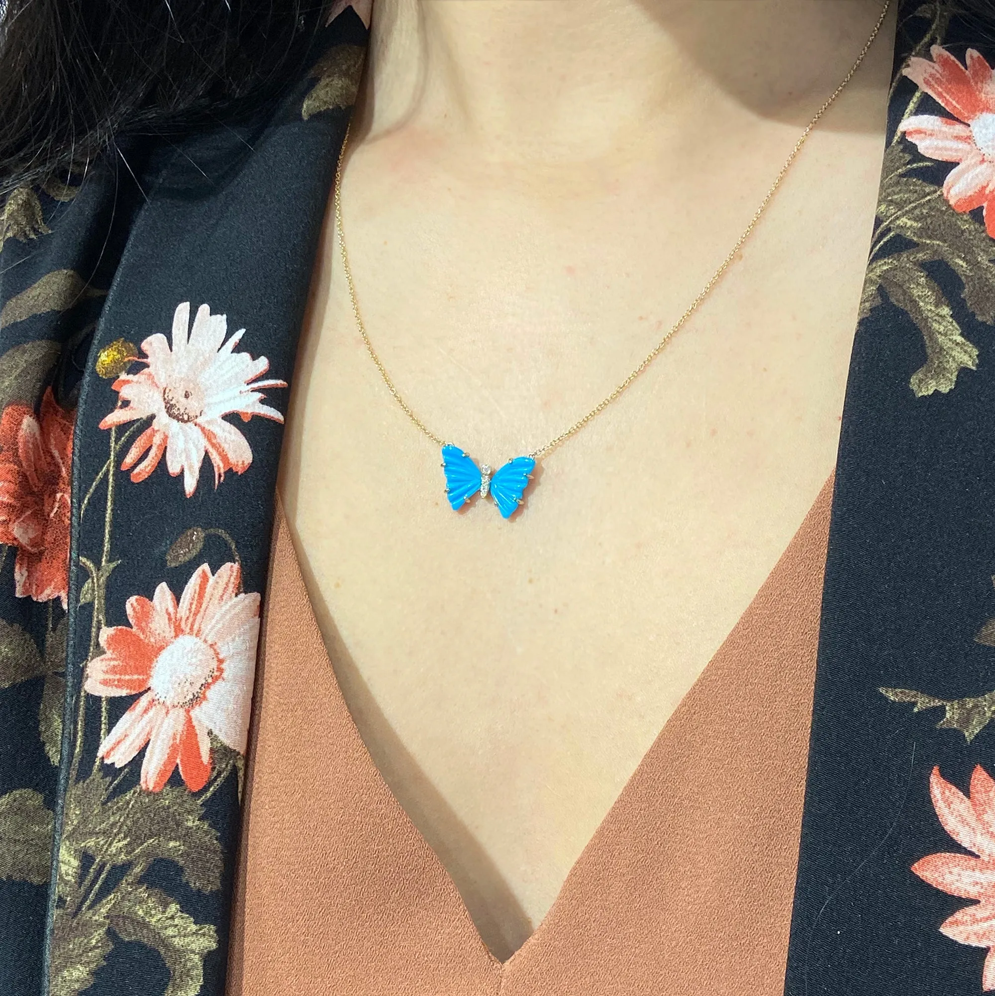 Turquoise Butterfly Necklace with Diamonds and Prongs