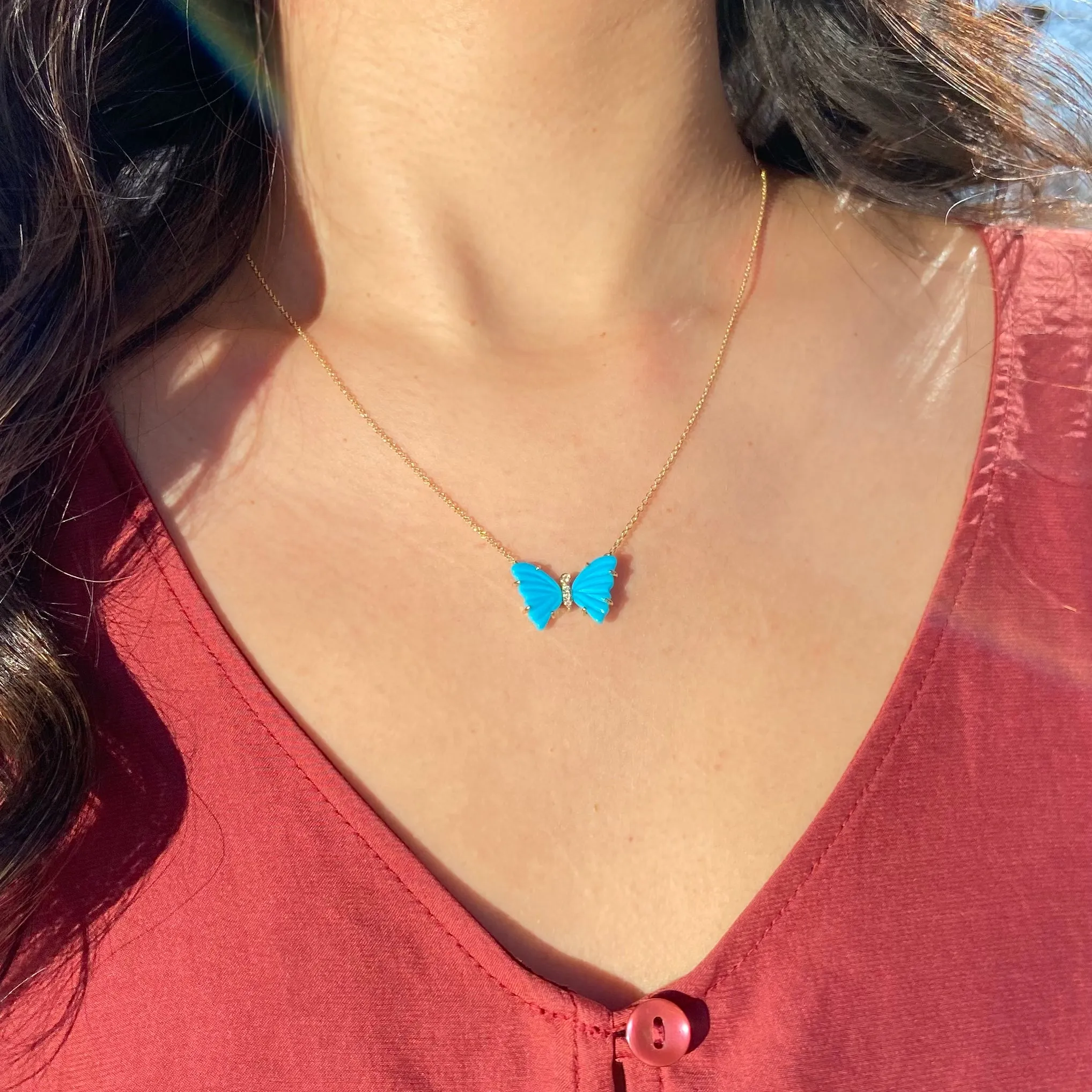 Turquoise Butterfly Necklace with Diamonds and Prongs