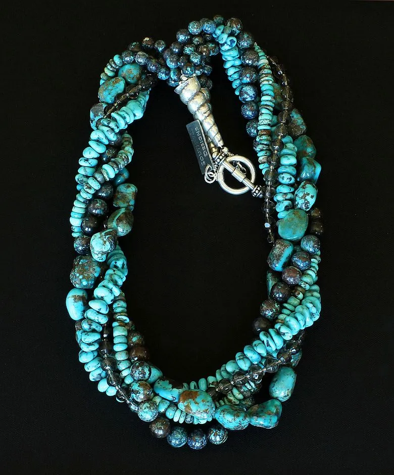 Turquoise, Shattuckite and Faceted Glass 5-Strand Twist Necklace with Sterling Silver Coiled Cones and Toggle Clasp