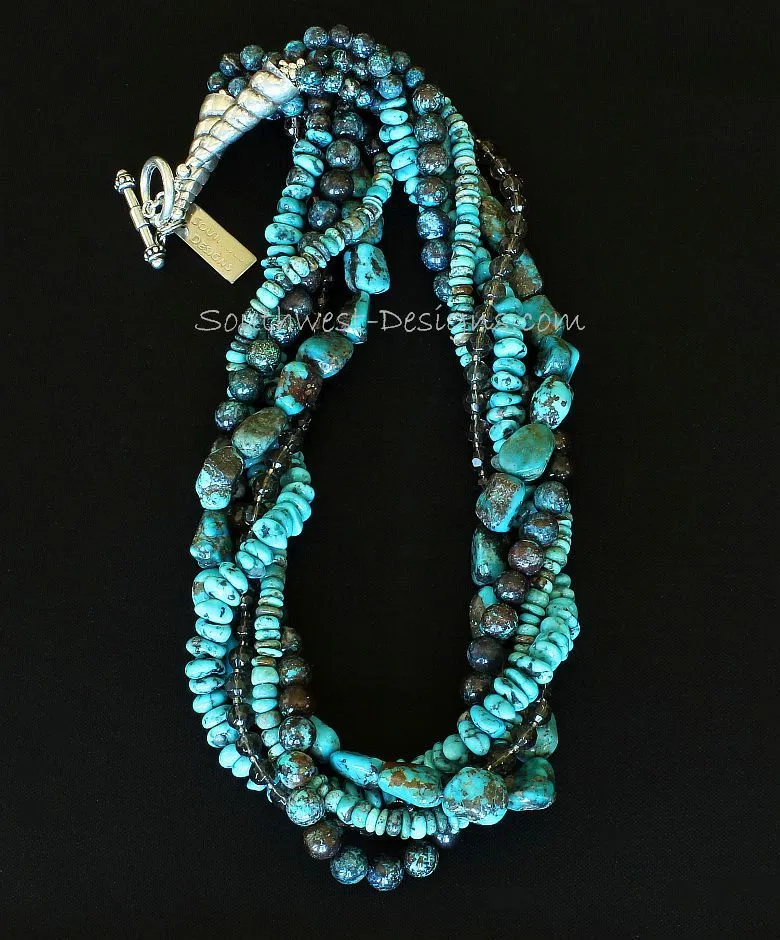 Turquoise, Shattuckite and Faceted Glass 5-Strand Twist Necklace with Sterling Silver Coiled Cones and Toggle Clasp