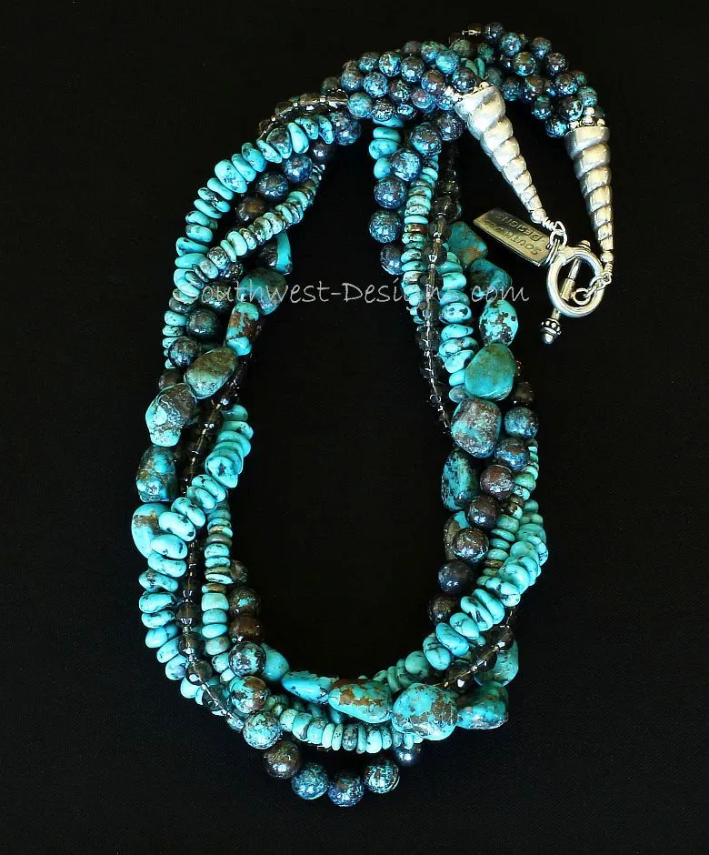 Turquoise, Shattuckite and Faceted Glass 5-Strand Twist Necklace with Sterling Silver Coiled Cones and Toggle Clasp