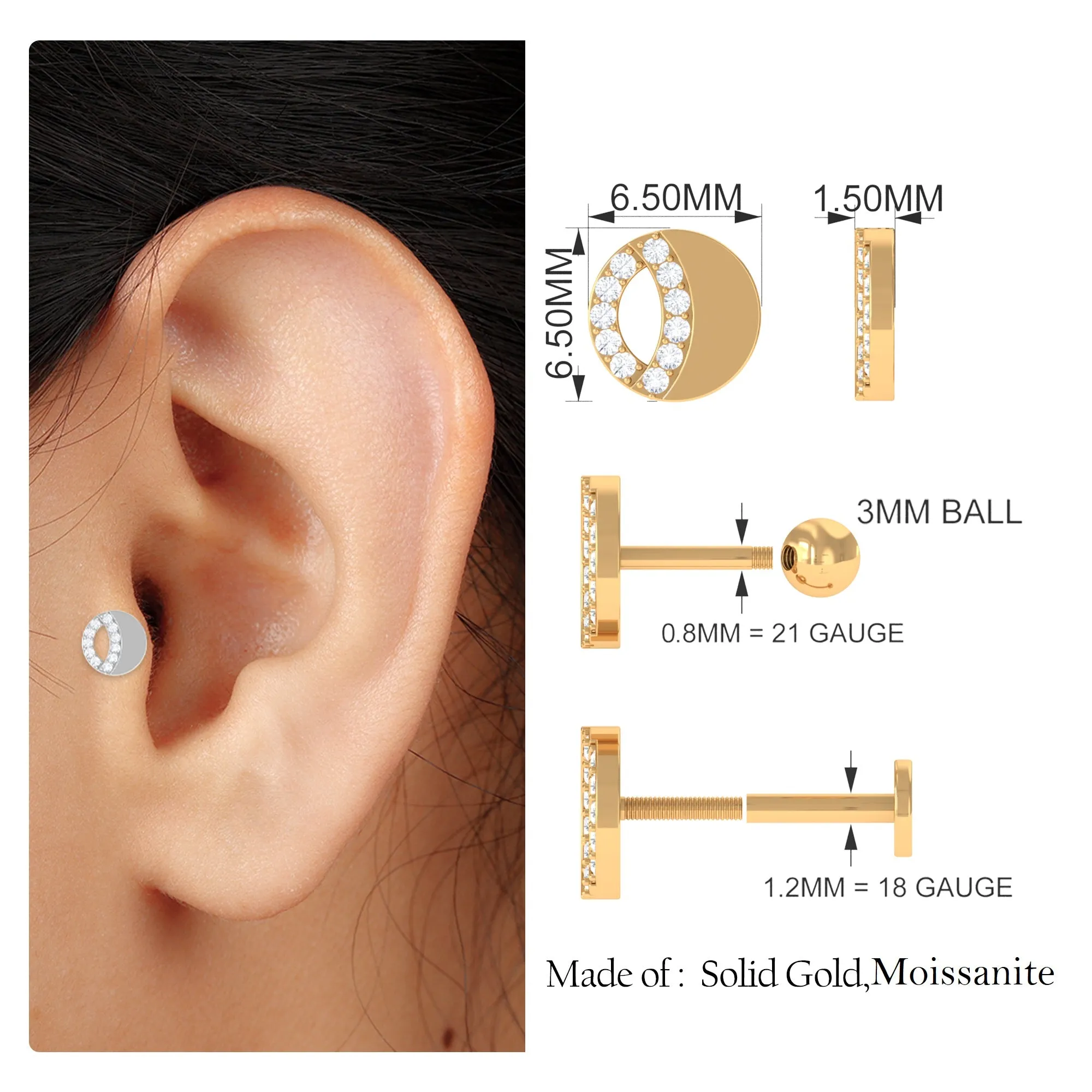 Unique Moissanite Circle Helix Earring in Gold