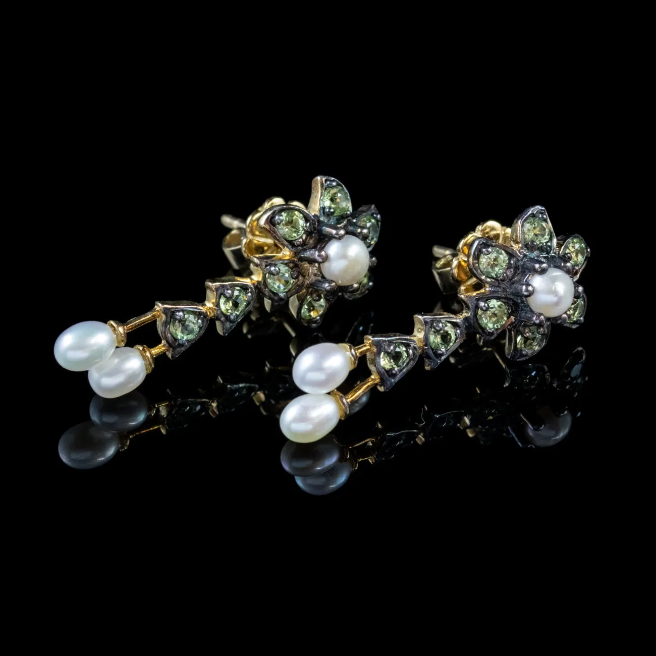 Victorian Style Pearl Peridot Earrings 18Ct Gold Silver