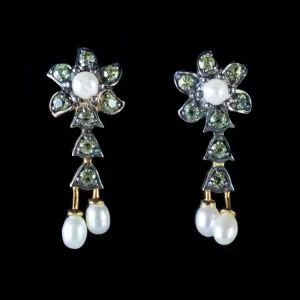 Victorian Style Pearl Peridot Earrings 18Ct Gold Silver