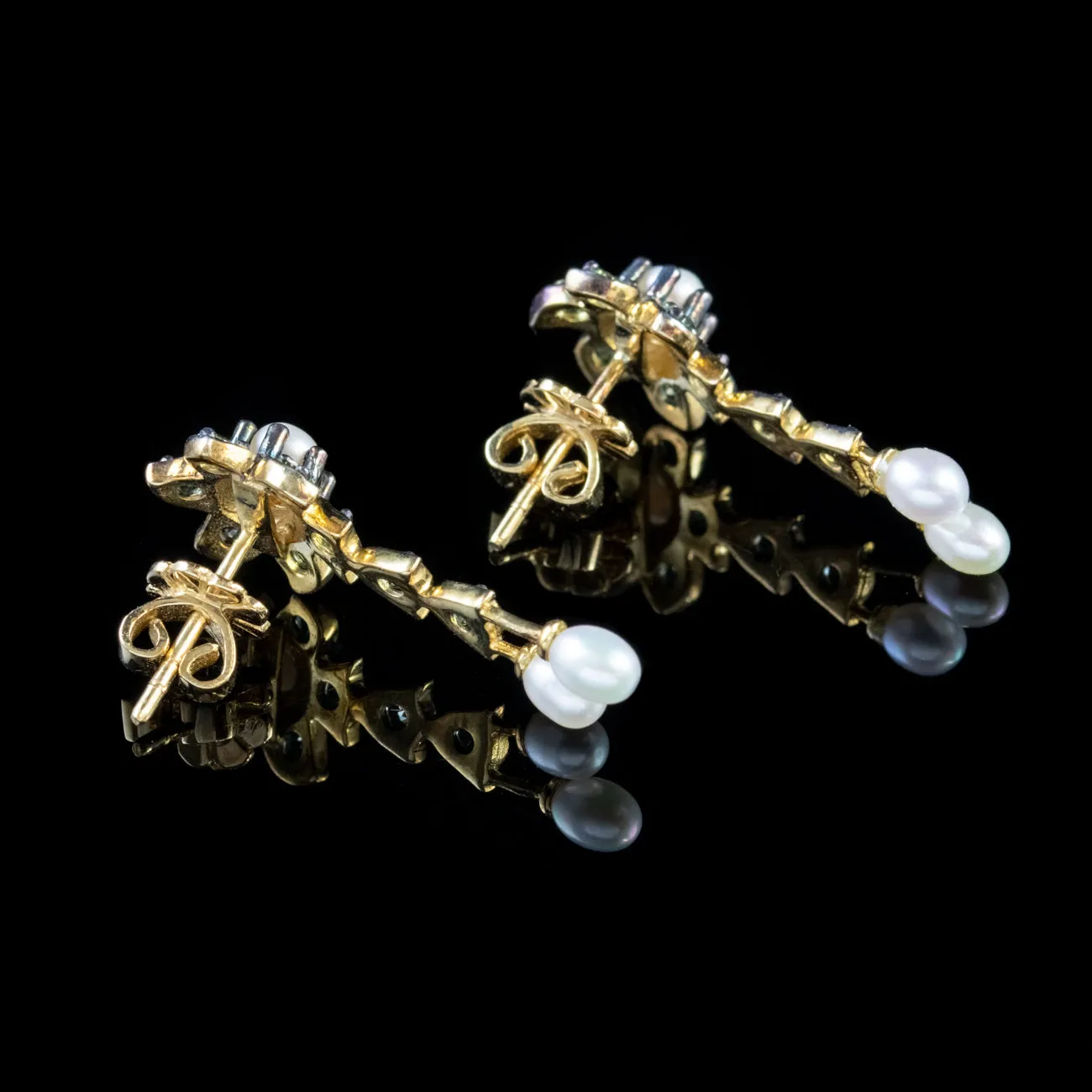 Victorian Style Pearl Peridot Earrings 18Ct Gold Silver