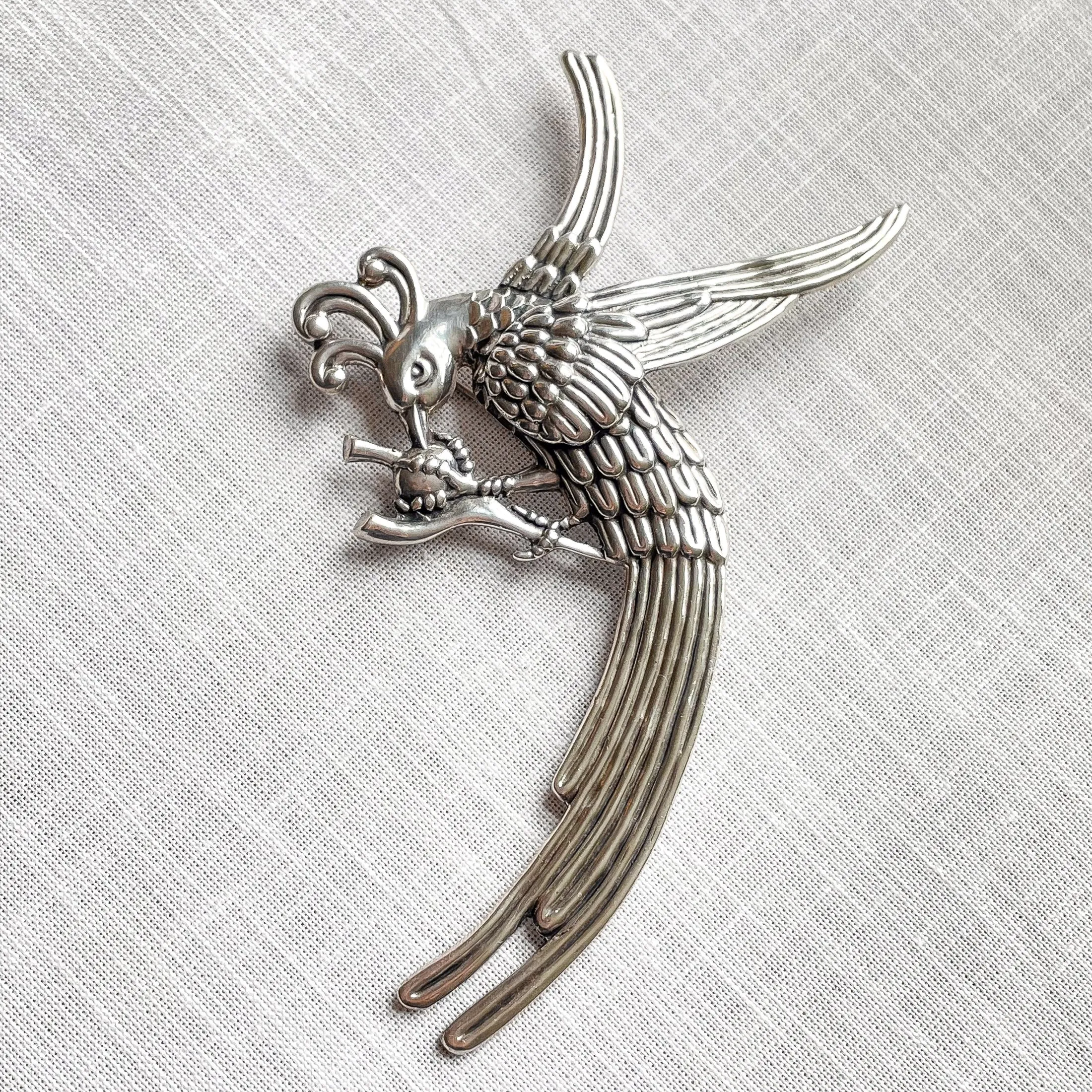 Vintage 40s Los Castillo Sterling Bird Brooch, Large Aztec Quetzacoatl Pin