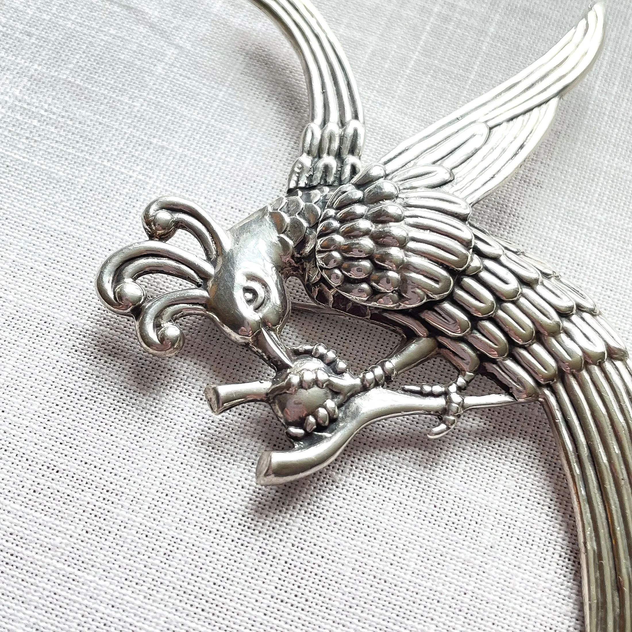 Vintage 40s Los Castillo Sterling Bird Brooch, Large Aztec Quetzacoatl Pin