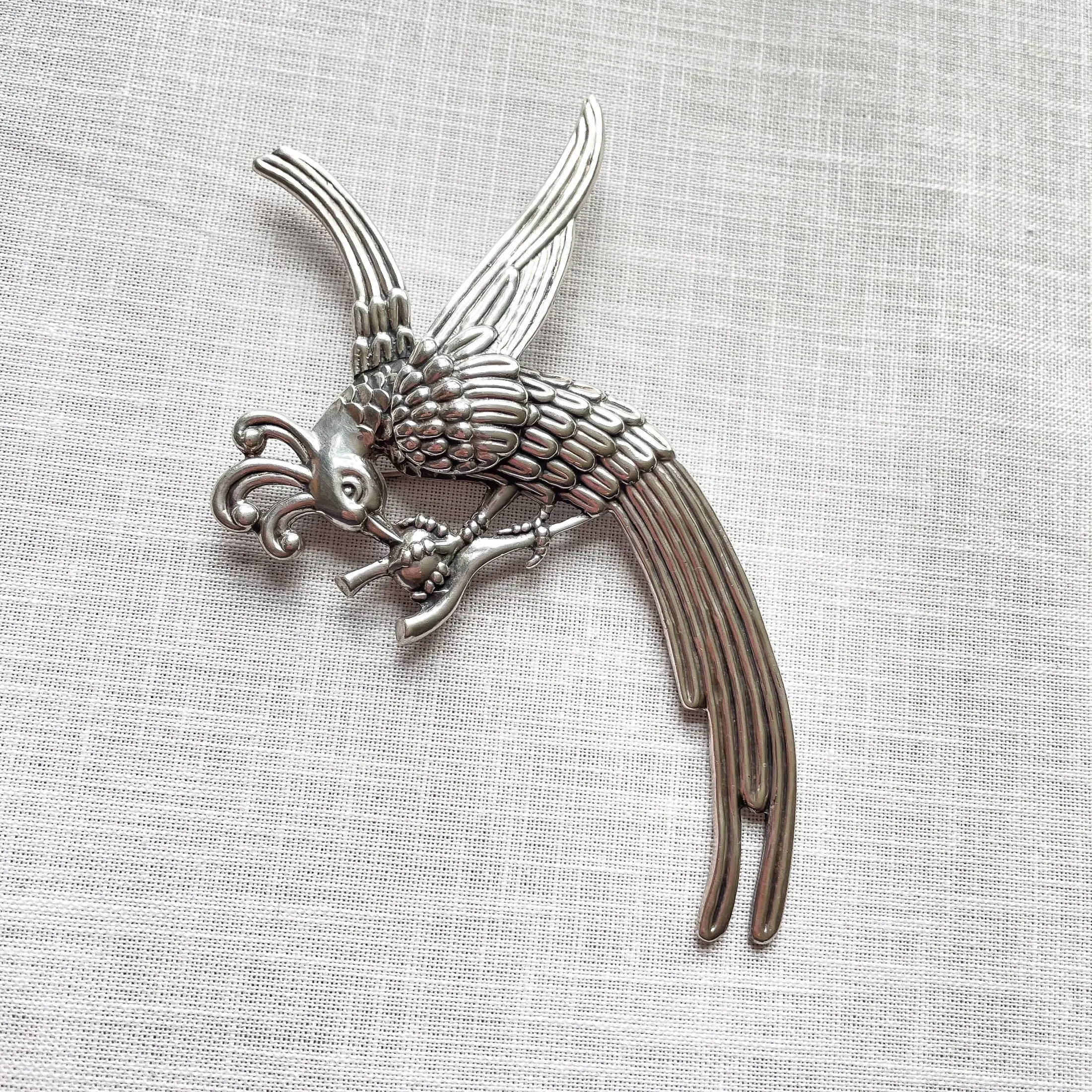 Vintage 40s Los Castillo Sterling Bird Brooch, Large Aztec Quetzacoatl Pin