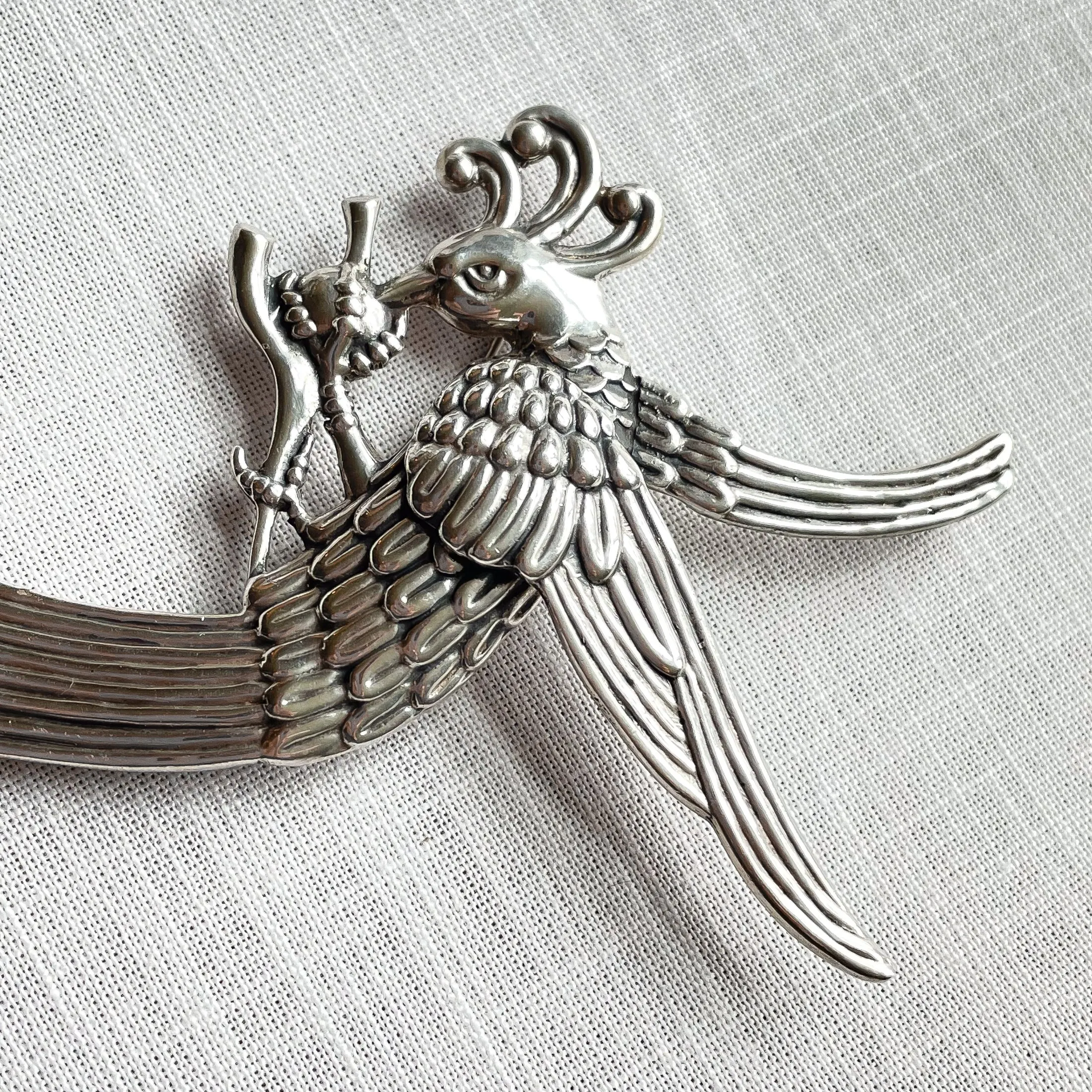 Vintage 40s Los Castillo Sterling Bird Brooch, Large Aztec Quetzacoatl Pin